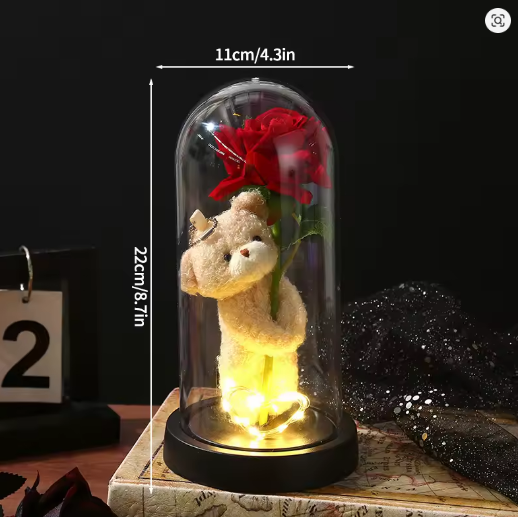 Miś z Różą w Szklanej Kopule LED - 22cm